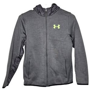 Under Armour Grey Full Zip Fleece Lined Jacket Lime Green Logo Boys Size Youth M